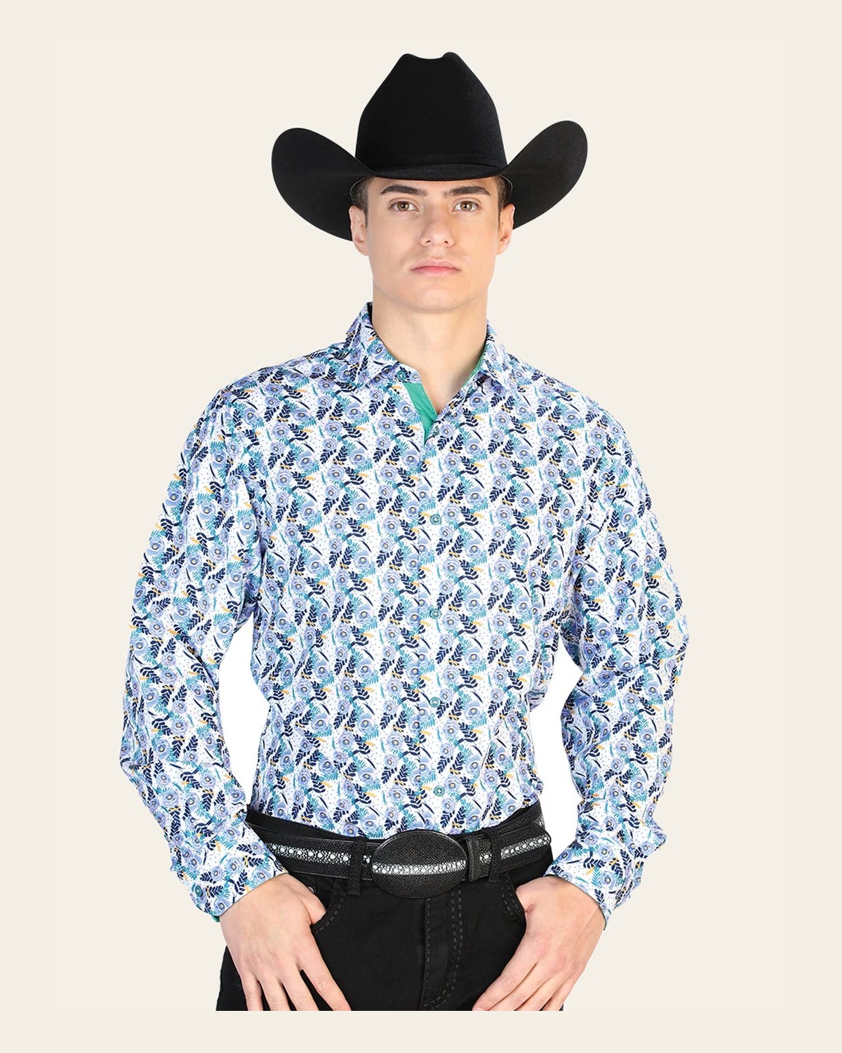 Blue And White Casual Long Sleeve Shirt 126274 on a warm cream background