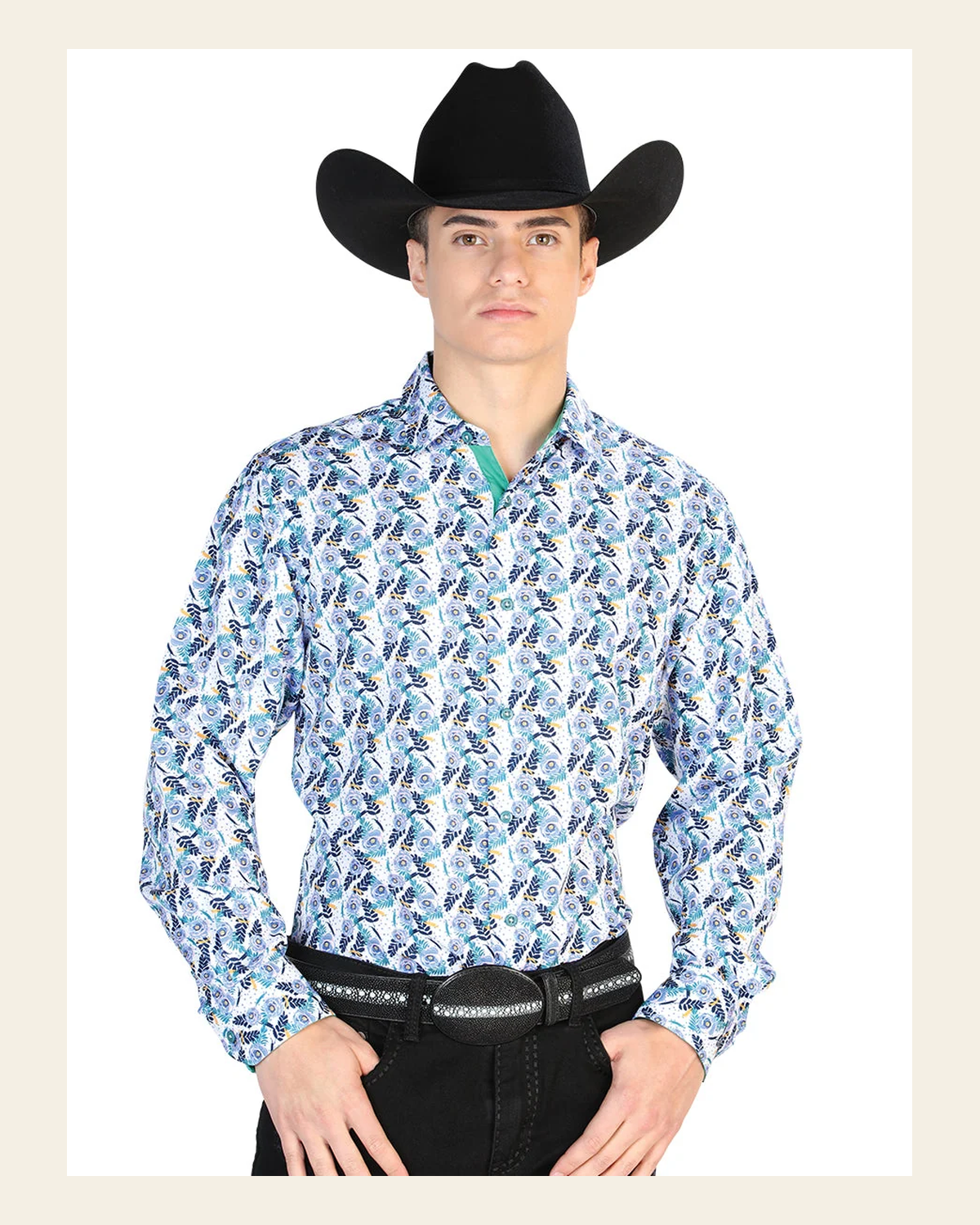 Blue And White Casual Long Sleeve Shirt 126274 on a warm cream background