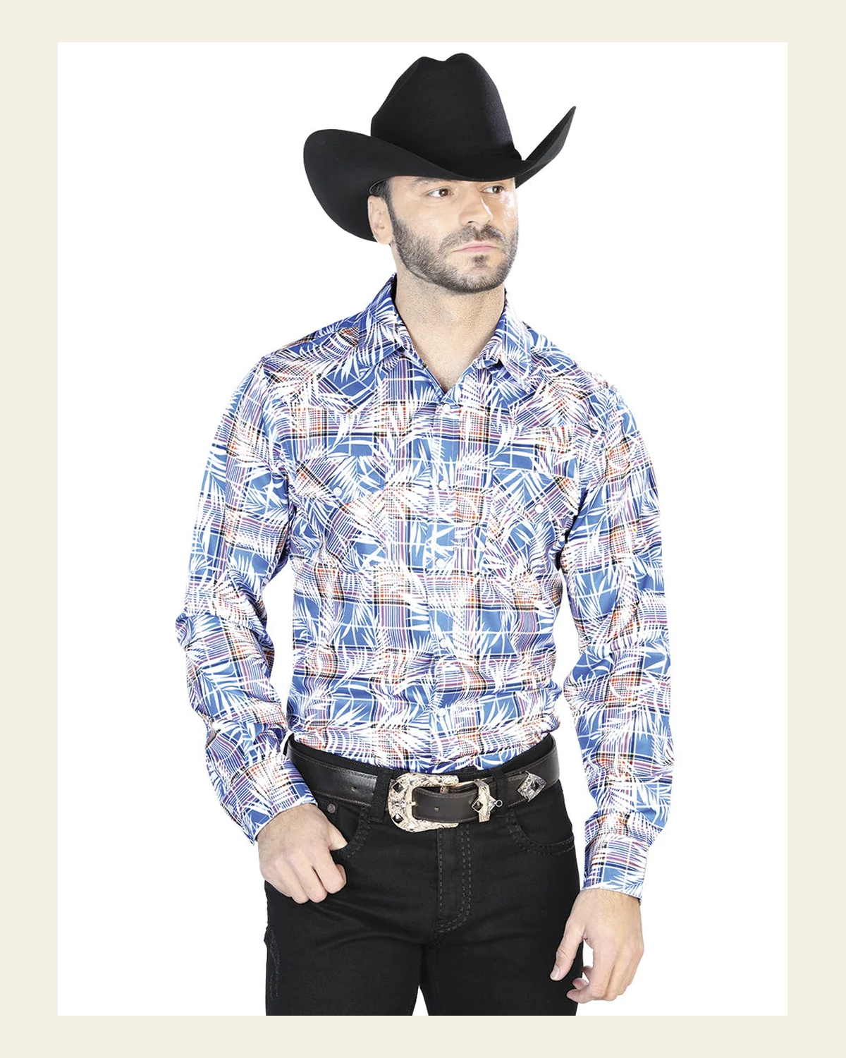 Blue And White Casual Long Sleeve Shirt 44086 on a warm cream background