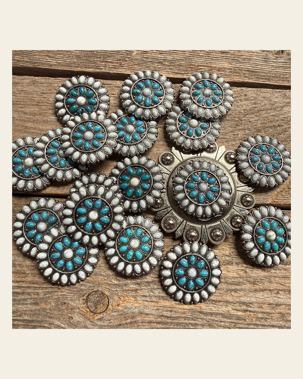 Blue and White Turquoise Western Concho W212 on a warm cream background