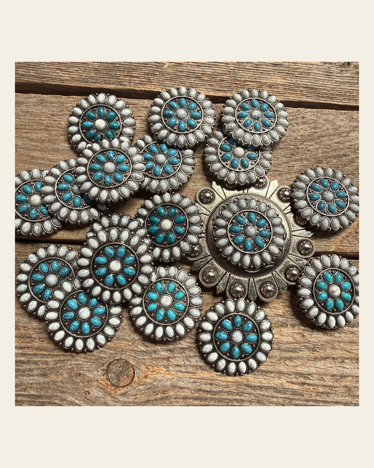Blue and White Turquoise Western Concho W212 on a warm cream background