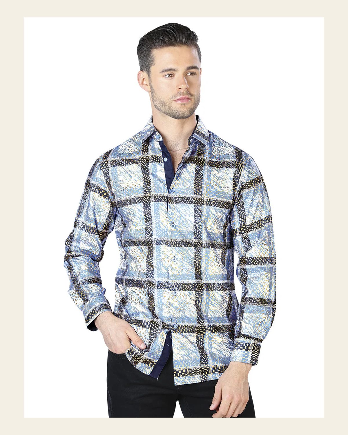 Blue And Yellow Casual Long Sleeve Shirt 44010 on a warm cream background
