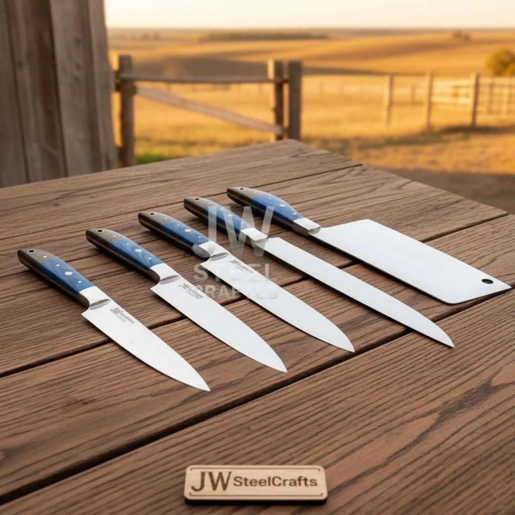 Blue Wood Damascus Chef Knife Set: 5-Piece Handmade Collection