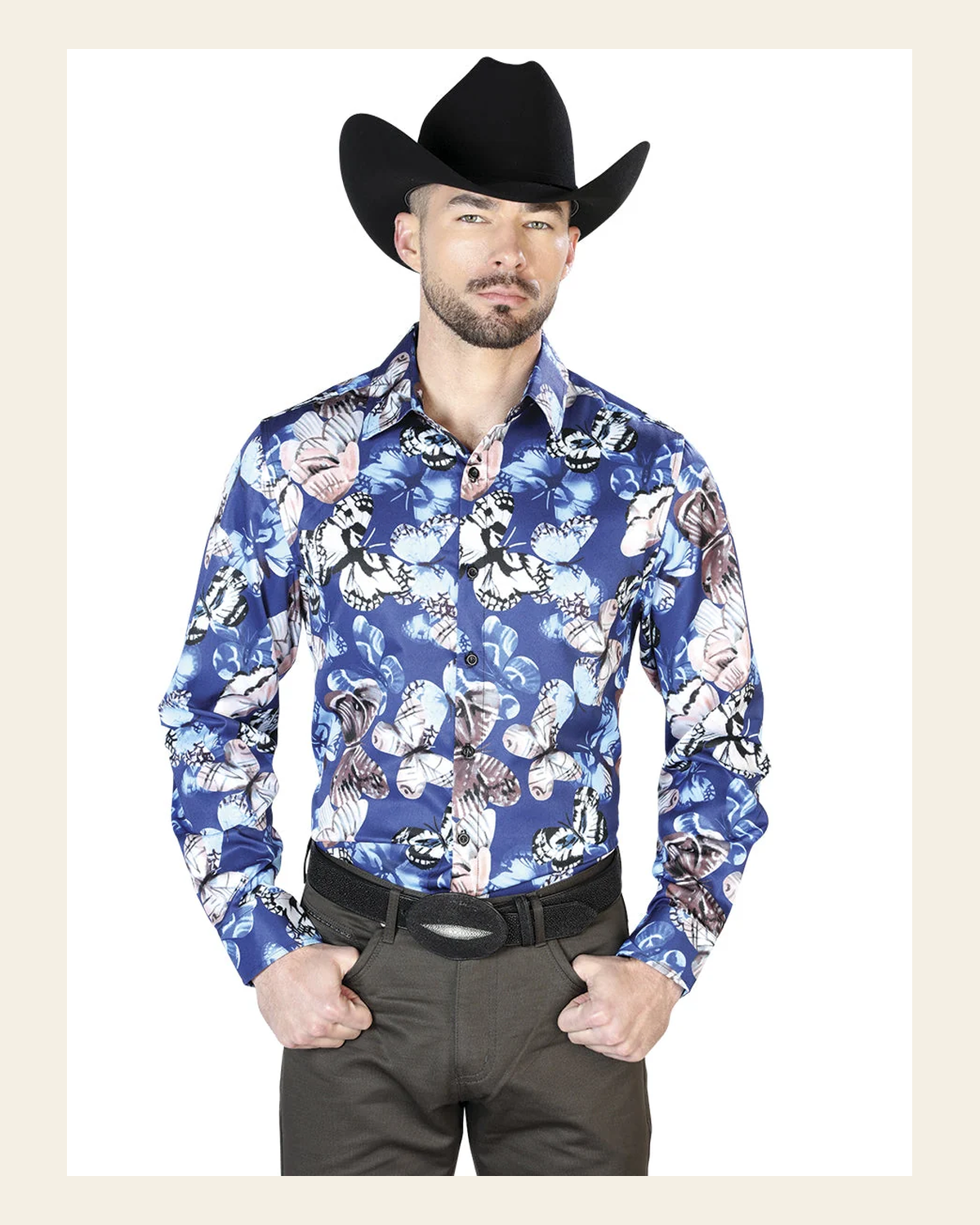 Blue Butterfly Casual Long Sleeve Shirt 43674 on a warm cream background