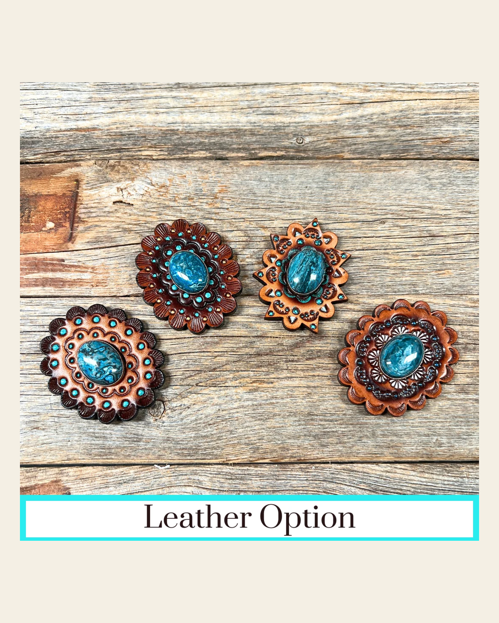 Blue Cabochon Stone - Leather Rosette Options - on a warm cream background