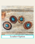 Blue Cabochon Stone - Leather Rosette Options - on a warm cream background