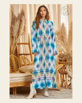 Blue Caracao Aztec Button Down Dress Duster Plus Size 2xl or 3XL on a warm cream background