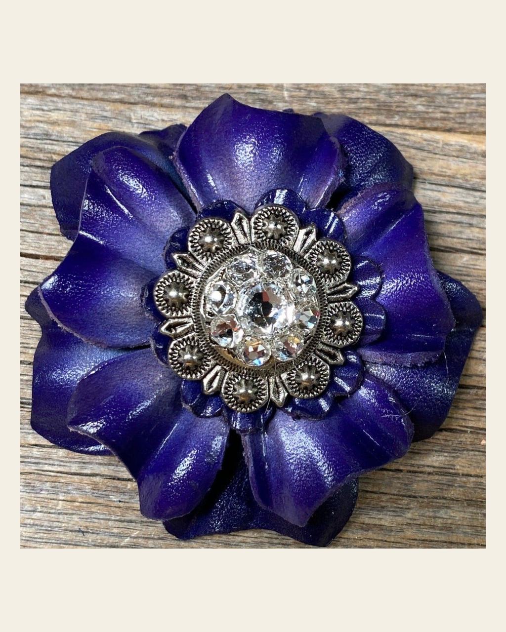 Blue Carnation Flower With Antique Silver Clear 1" Concho on a warm cream background