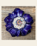Blue Carnation Flower With Bright Silver AB 1" Concho on a warm cream background