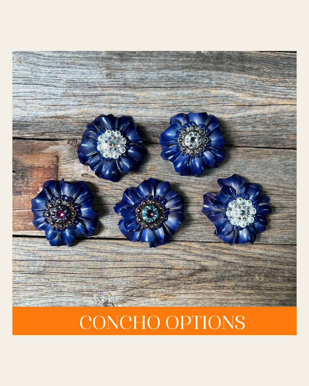 Blue Carnations Leather Flowers - 1" Crystal Conchos - Options on a warm cream background