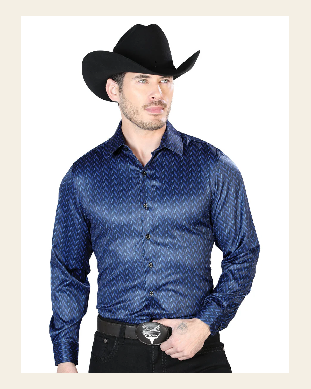 Blue Casual Long Sleeve Shirt 43967 on a warm cream background