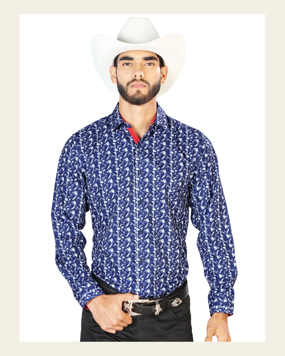 Blue Casual Long Sleeve Shirt 126261 on a warm cream background