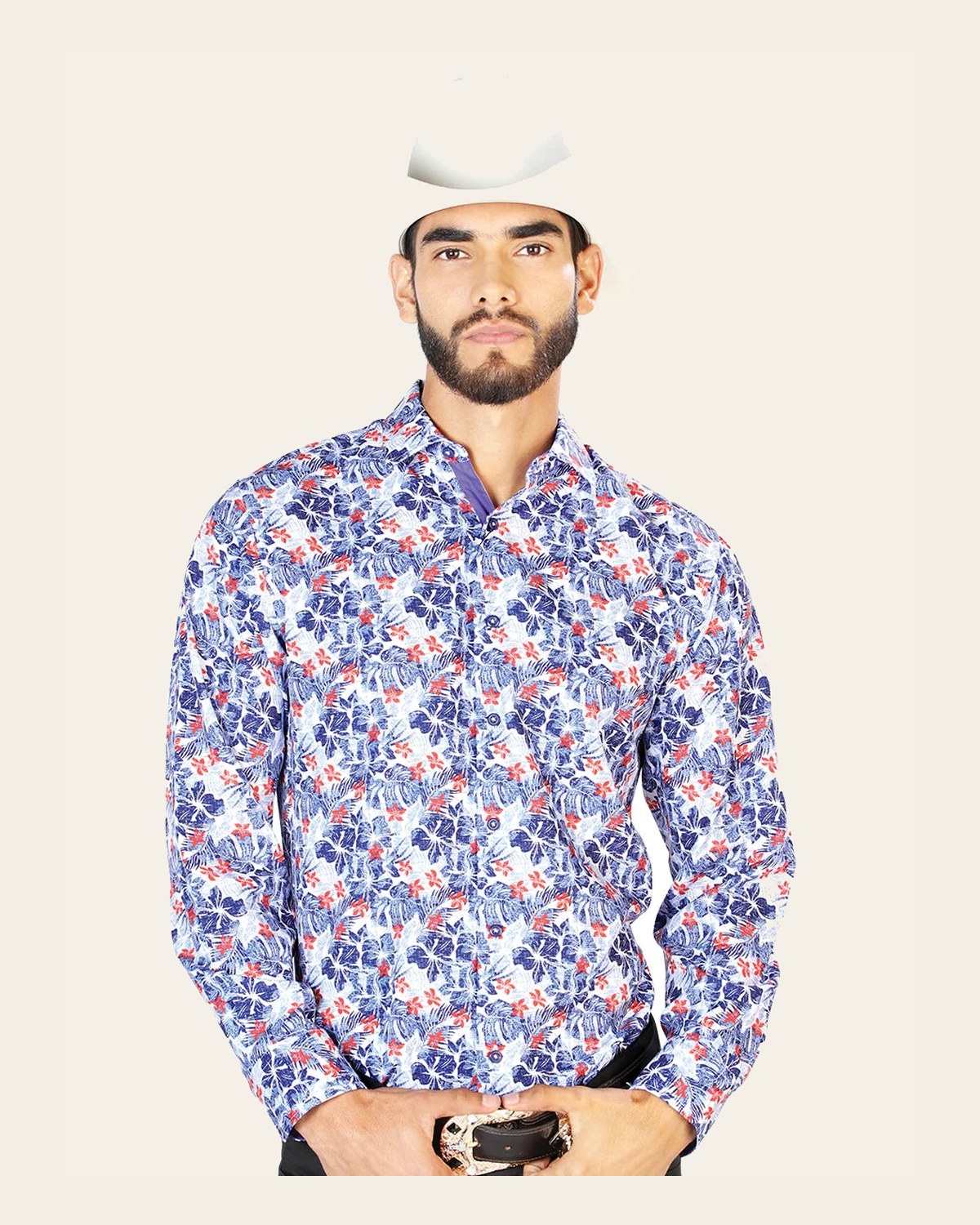 Blue Casual Long Sleeve Shirt 126278 on a warm cream background