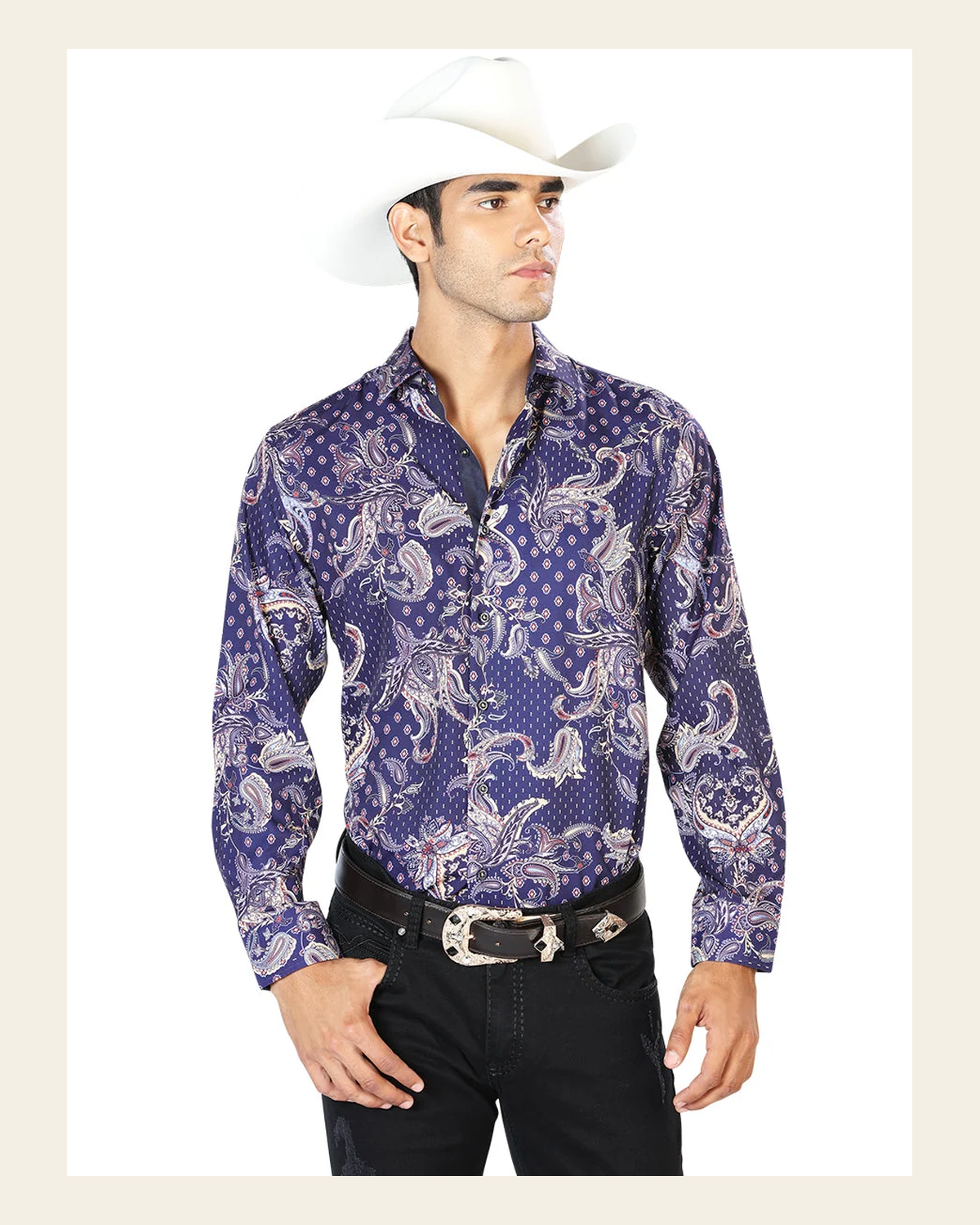 Blue Casual Long Sleeve Shirt 43554 on a warm cream background