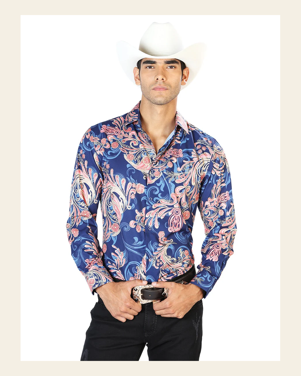 Blue Casual Long Sleeve Shirt 43579 on a warm cream background
