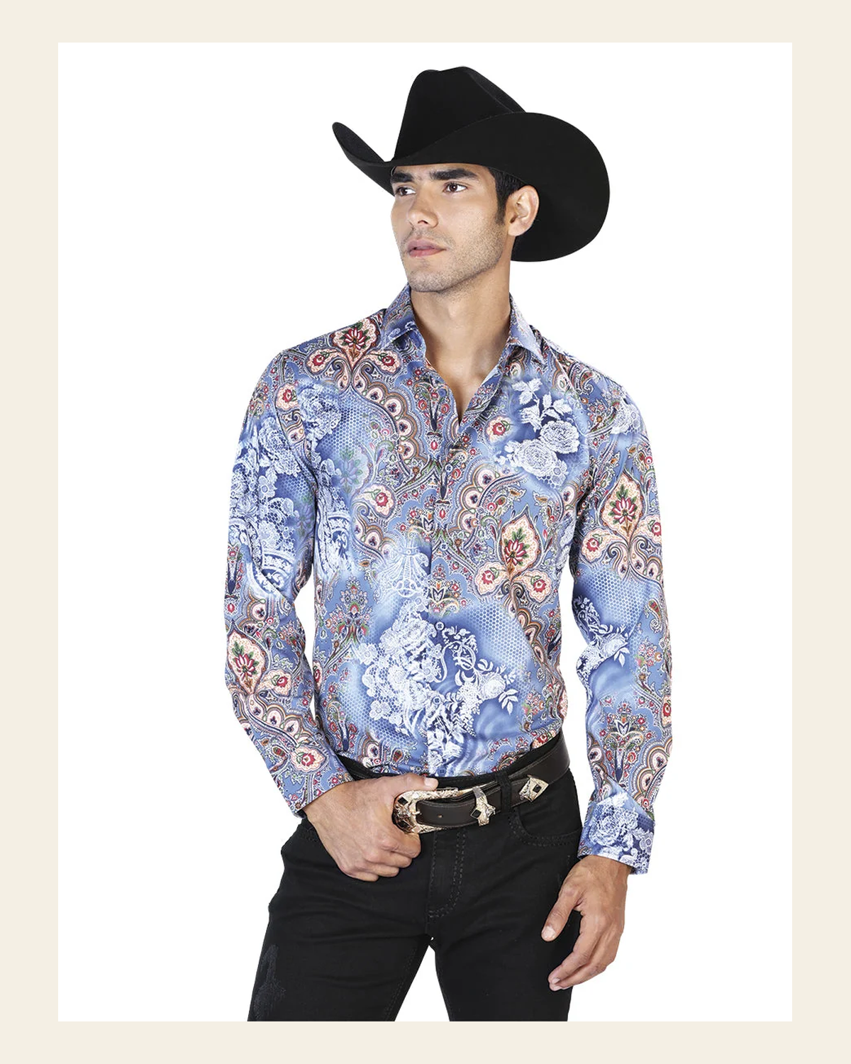 Blue Casual Long Sleeve Shirt 43582 on a warm cream background