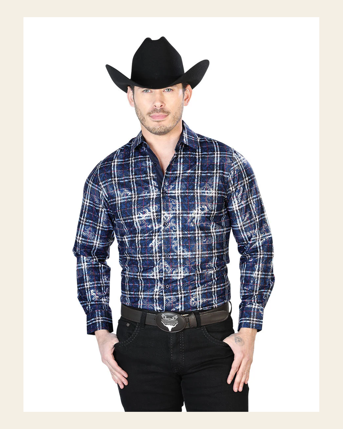 Blue Casual Long Sleeve Shirt 43821 on a warm cream background