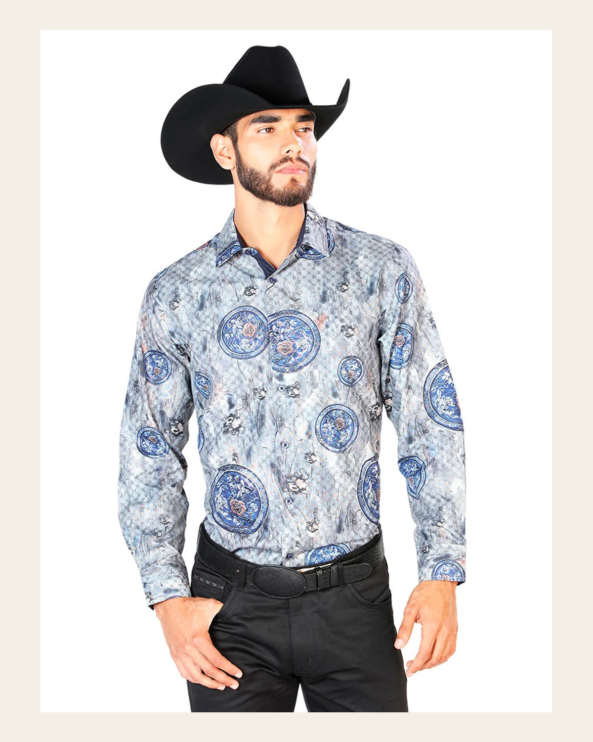Blue Casual Long Sleeve Shirt 43823 on a warm cream background