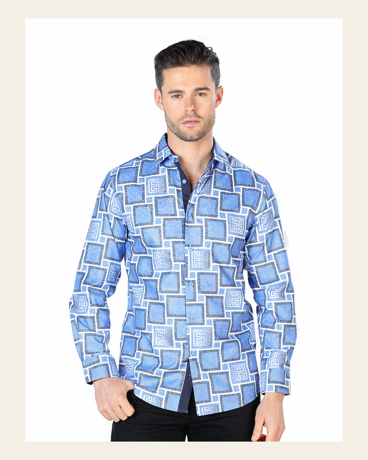 Blue Casual Long Sleeve Shirt 44004 on a warm cream background