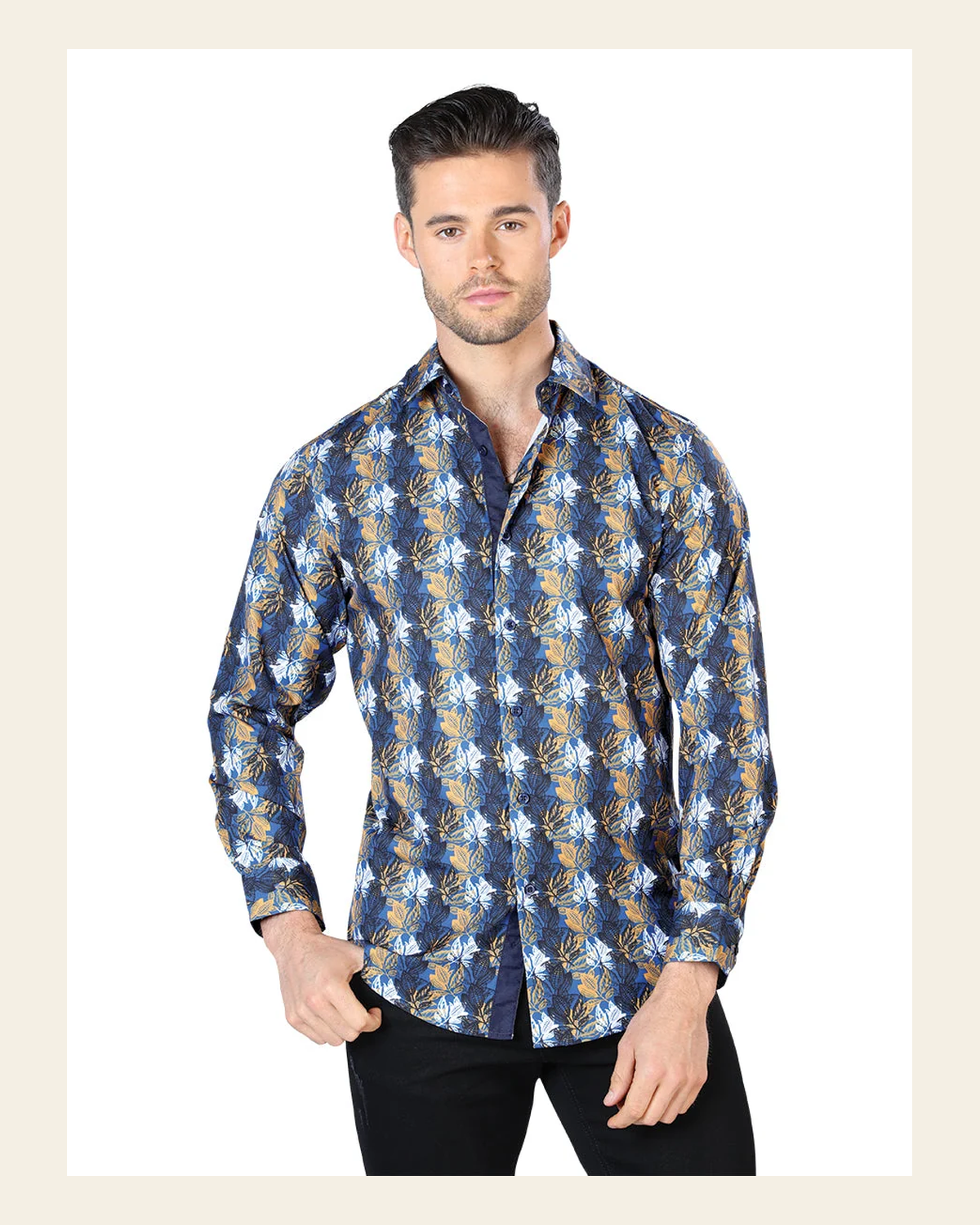Blue Casual Long Sleeve Shirt 44046 on a warm cream background
