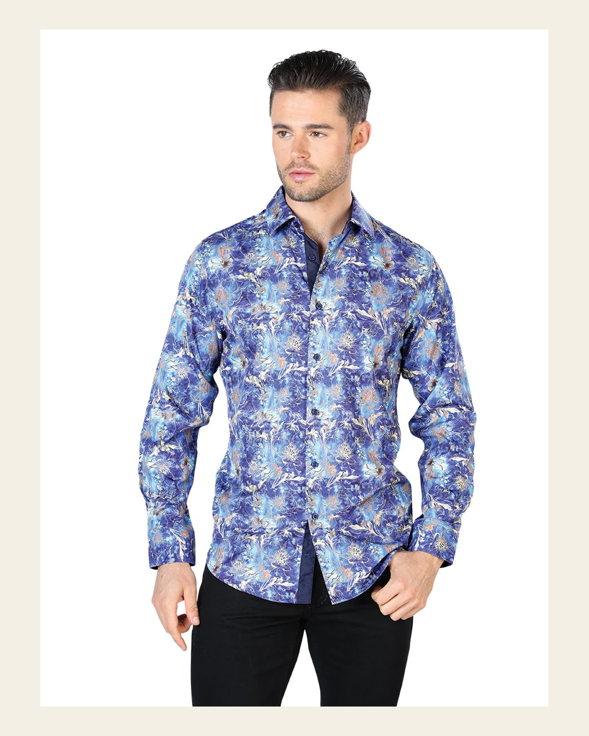 Blue Casual Long Sleeve Shirt 44050 on a warm cream background