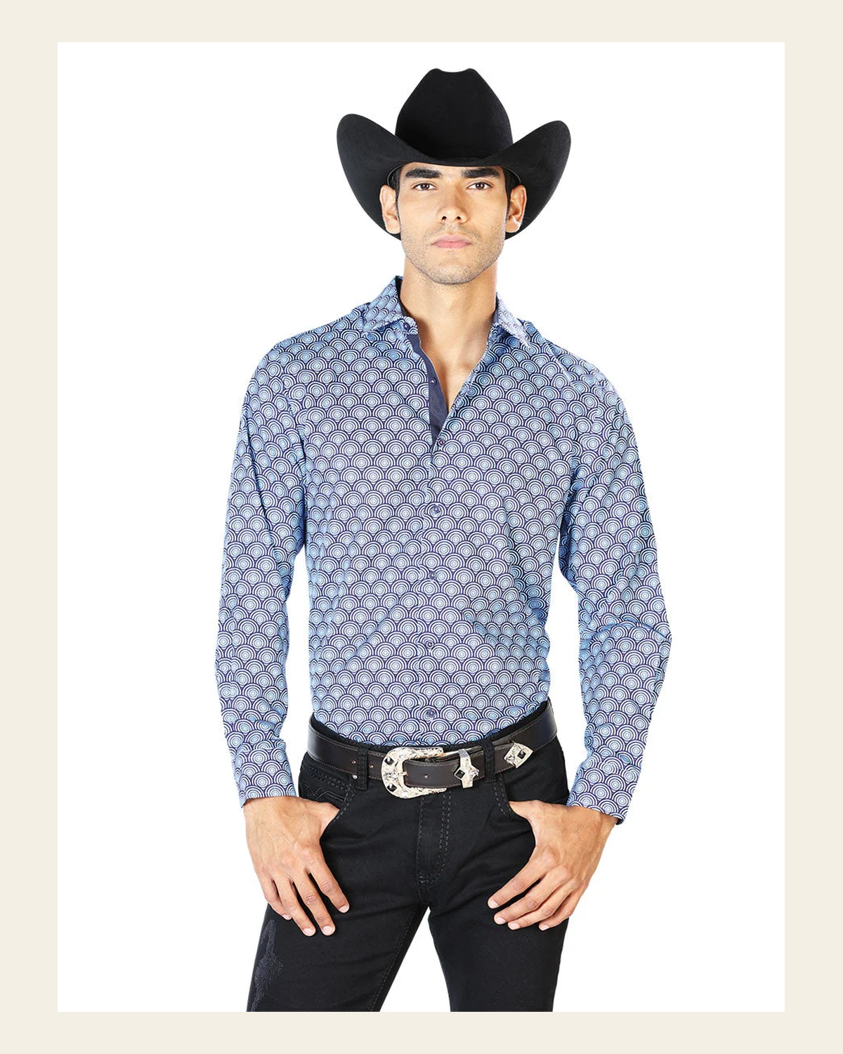 Blue Casual Long Sleeve Western Cowboy Shirt 43544 on a warm cream background