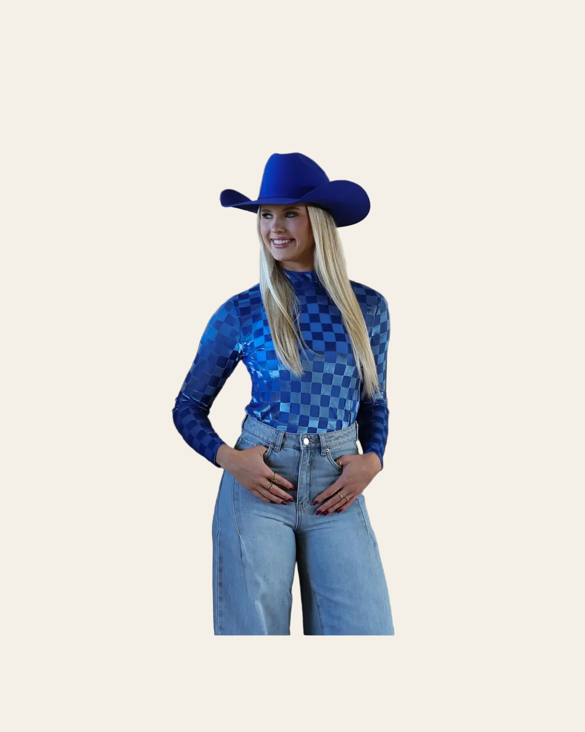 Blue Checkered Velvet Burnout Layering Top on a warm cream background