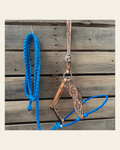 Blue Floral Tooled Lariat & Leather Combo Halter on a warm cream background