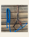 Blue Flower Power Tooled Lariat & Leather Combo Halter on a warm cream background