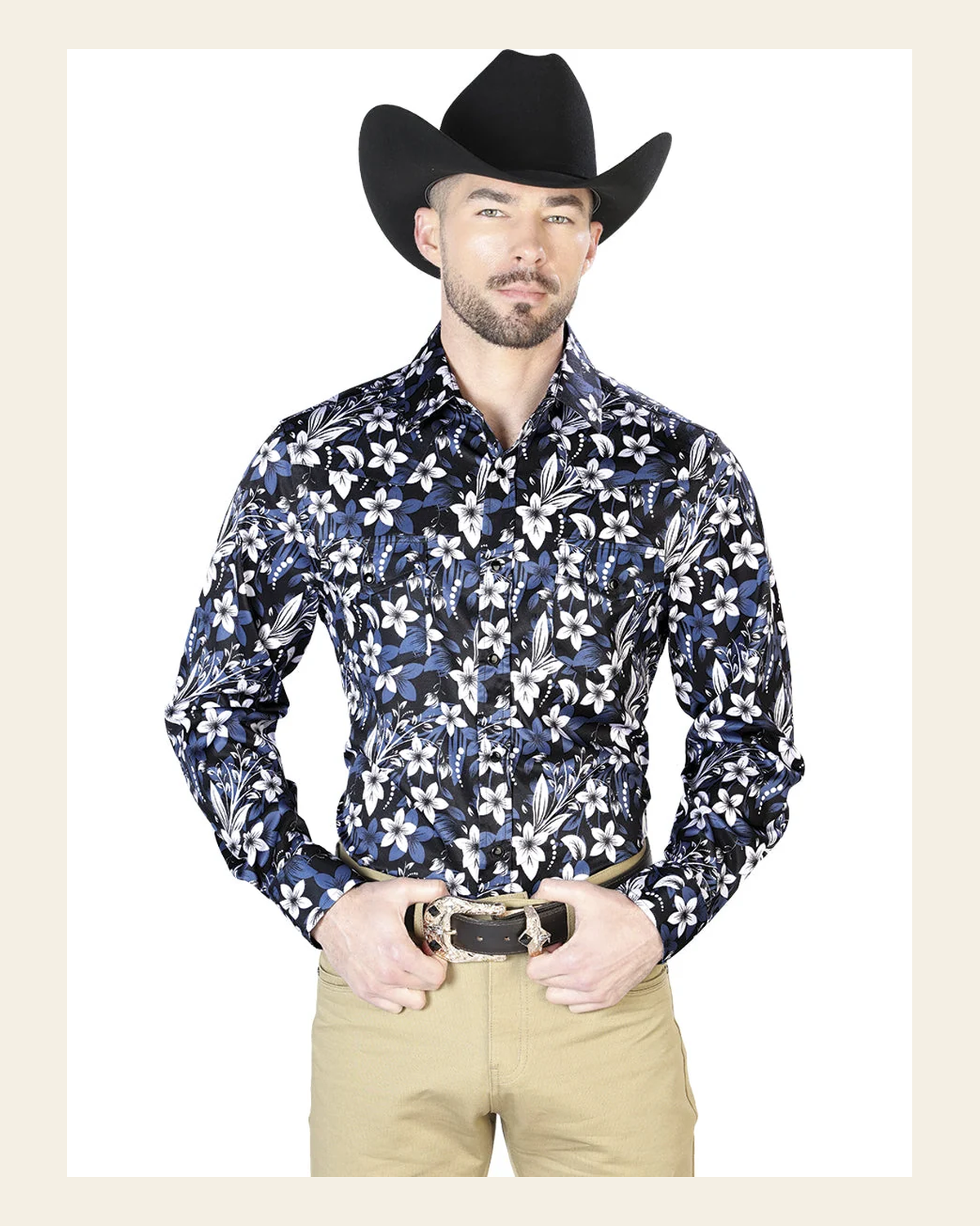Blue Flower Casual Long Sleeve Shirt 43954 on a warm cream background