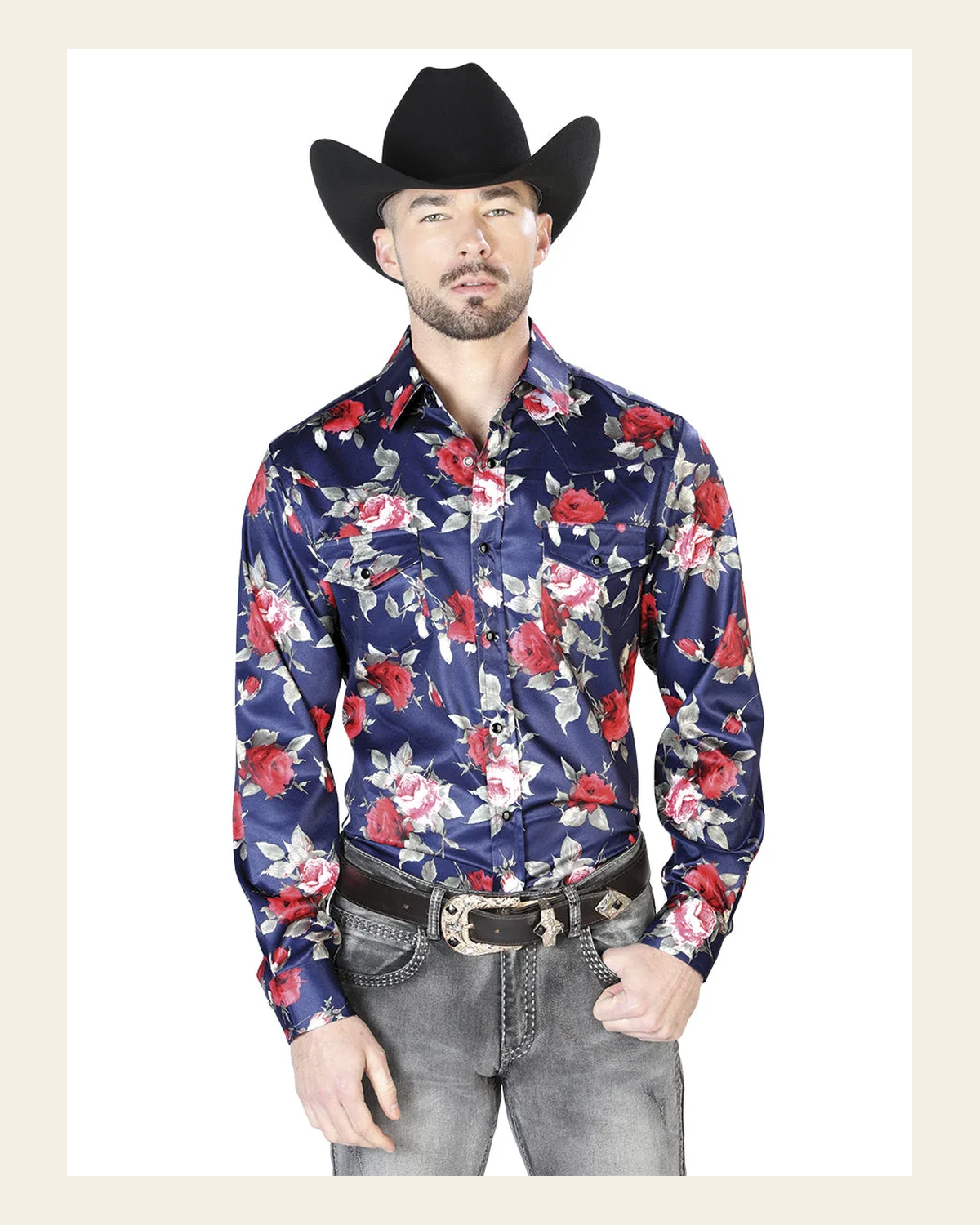 Blue Flower Print Casual Long Sleeve Shirt 43937 on a warm cream background