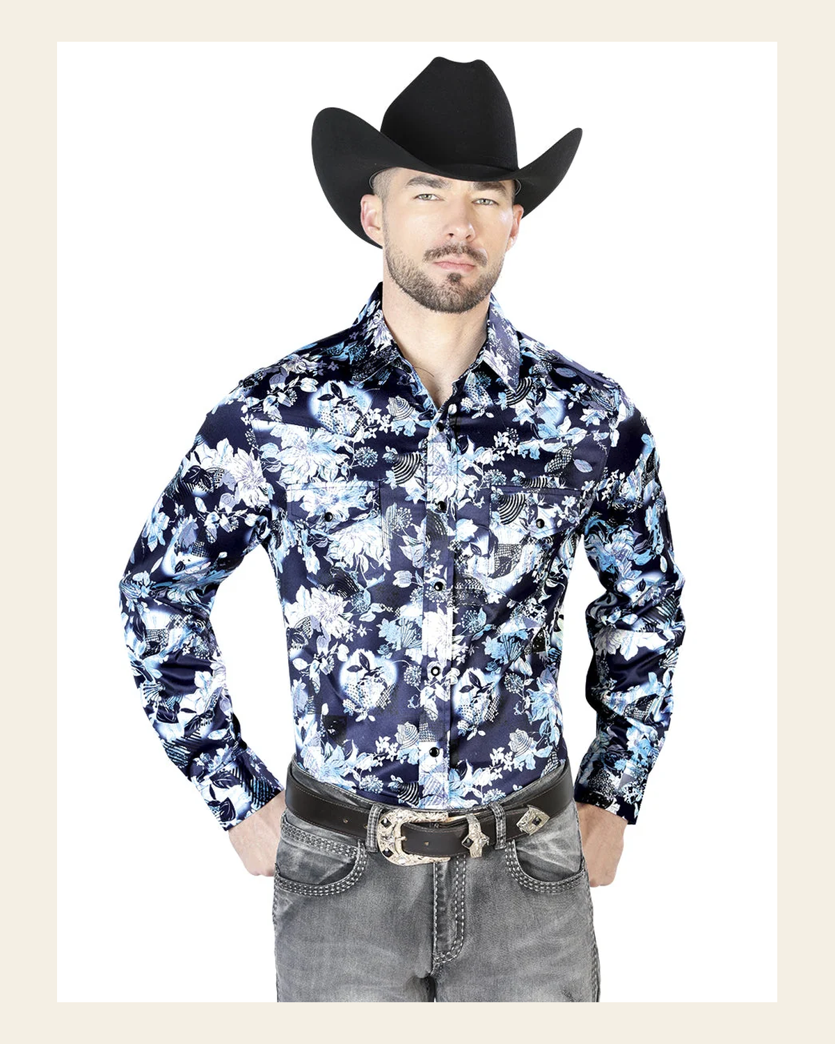 Blue Flower Print Casual Long Sleeve Shirt 43958 on a warm cream background