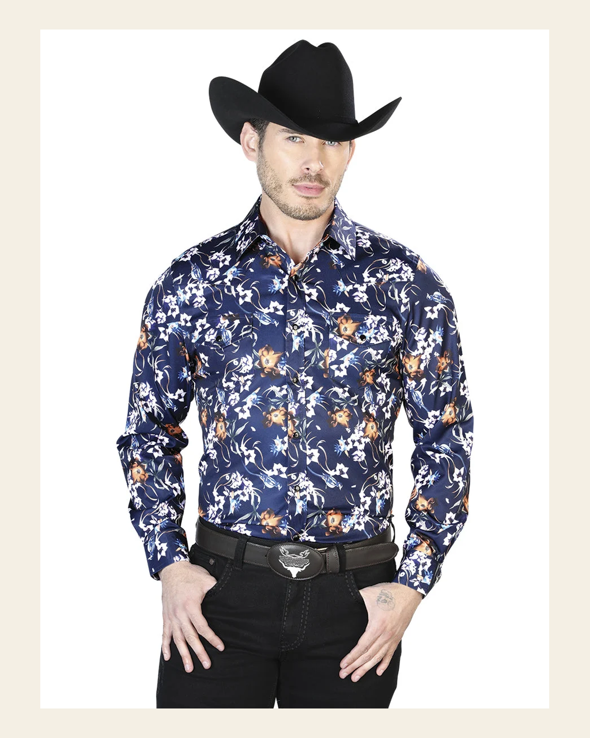 Blue Flowers Casual Long Sleeve Shirt 43957 on a warm cream background