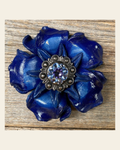 Blue Gardenia Flower - Antique Silver Lilac & Light Sapphire 1" Concho on a warm cream background