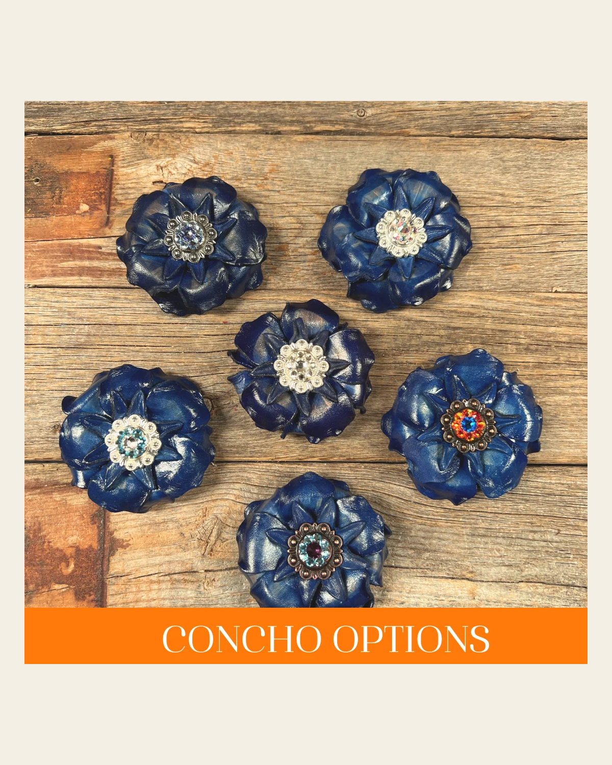 Blue Gardenia Leather Flowers - 1" Crystal Conchos - Options on a warm cream background