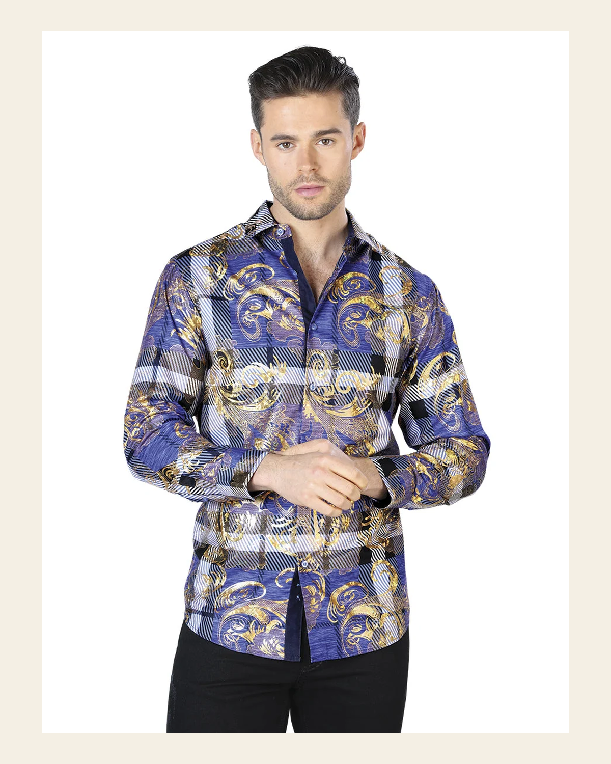 Blue Gold Print Casual Long Sleeve Shirt 44023 on a warm cream background