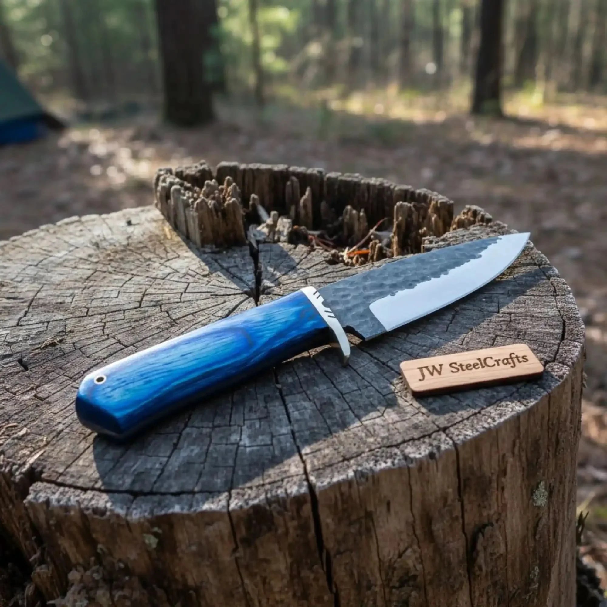 Hammered Drop Point Hunting Knife Blue Pakka wood Handle Fixed Blade