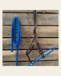 Blue Honeycomb Tooled Lariat & Leather Combo Halter on a warm cream background