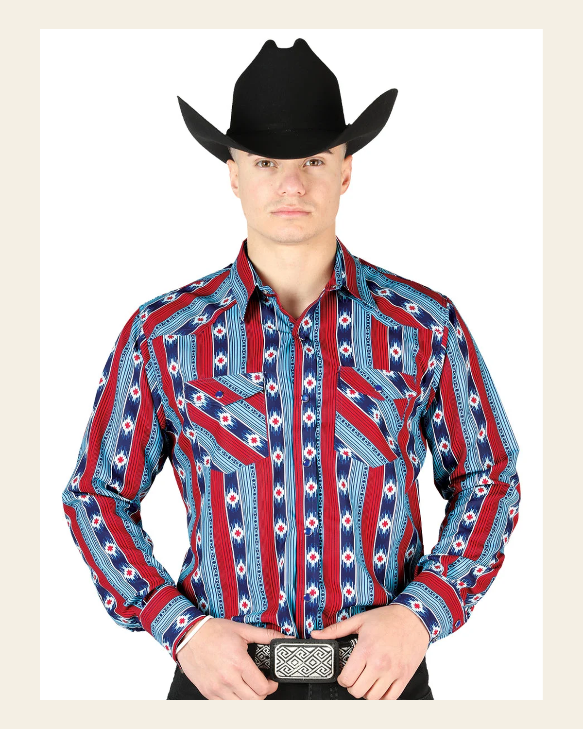 Men's Long Sleeve Western Fashion Snap Button Shirt - Blue/Red 44212 on a warm cream background