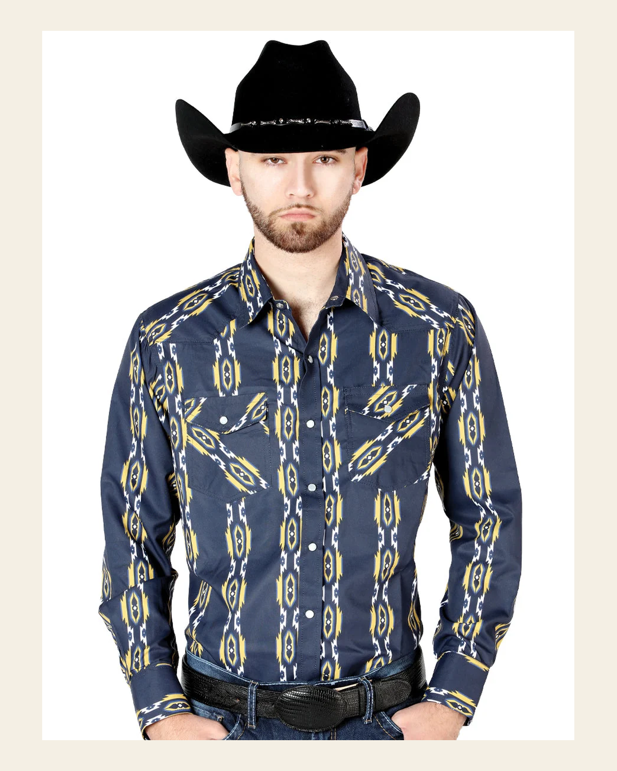 Men's Long Sleeve Western Fashion Snap Button Shirt - Blue 44219 on a warm cream background