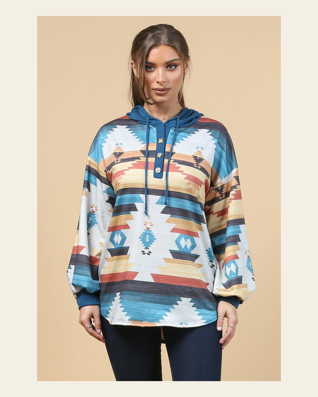 Blue Mountain Turquoise Aztec Lightweight Hoodie Made in America on a warm cream background