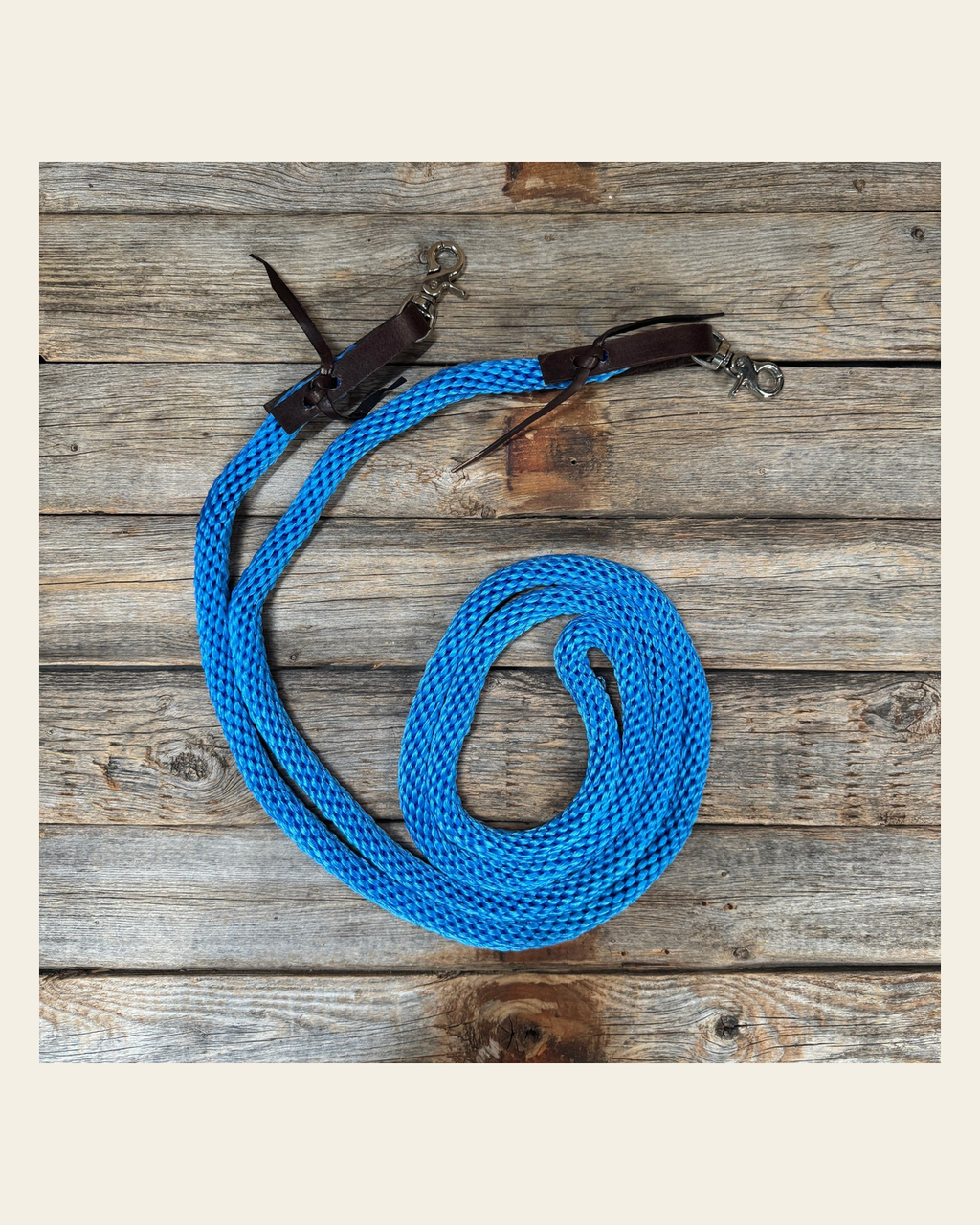 Blue Nylon Barrel Racing Reins #NR103 on a warm cream background