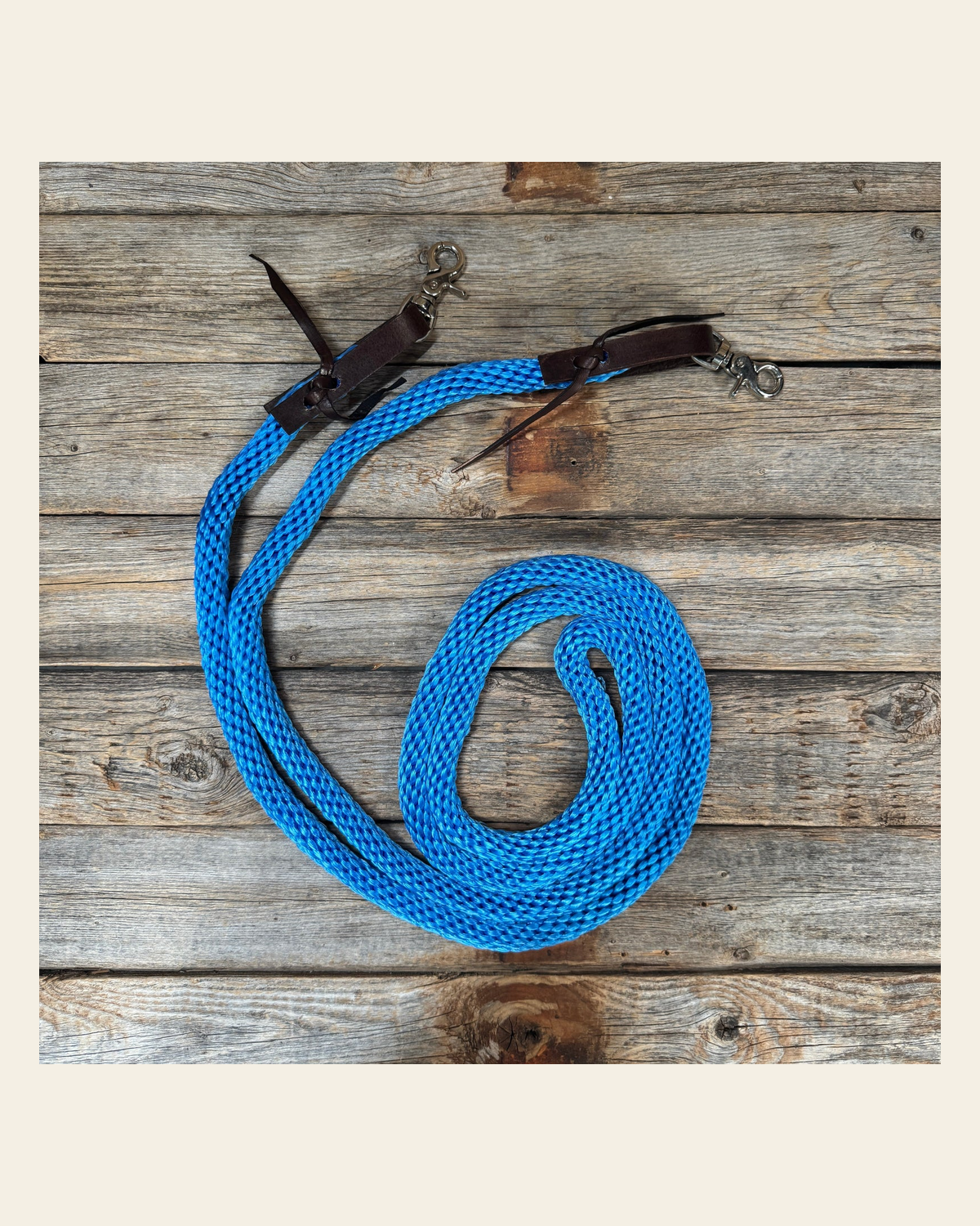 Blue Nylon Barrel Racing Reins #NR103 on a warm cream background