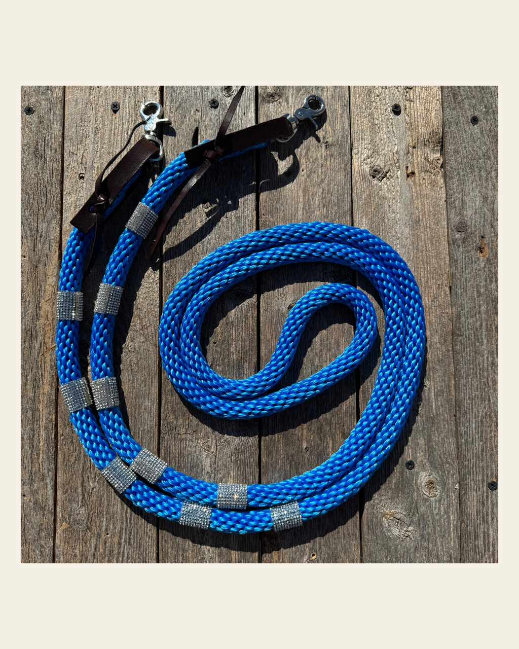 Blue Nylon Barrel Racing Reins with Rhinestones #BNR103 on a warm cream background