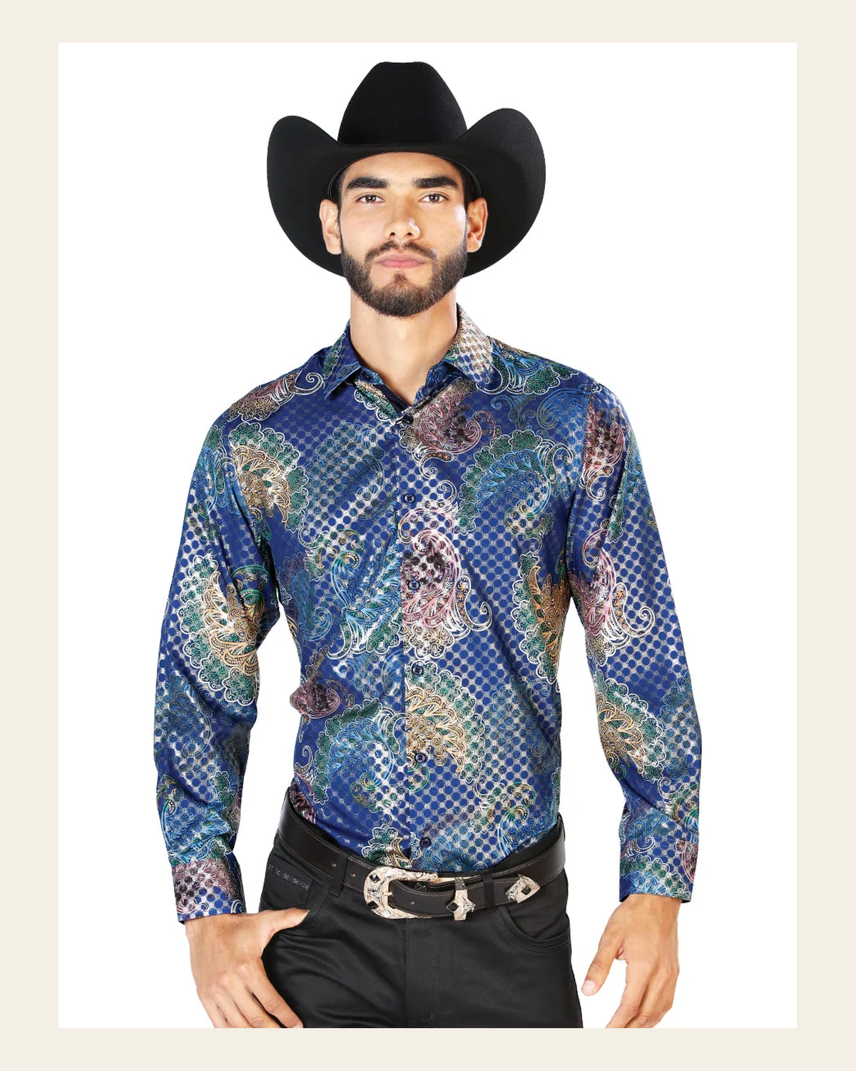 Blue Print Casual Long Sleeve Shirt 43873 on a warm cream background