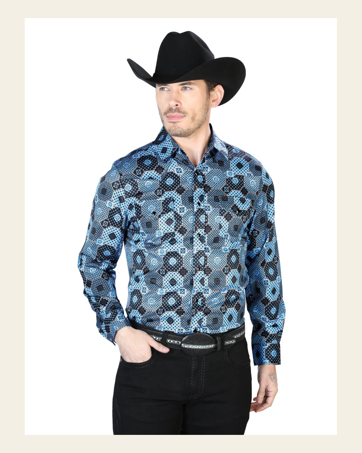 Blue Print Casual Long Sleeve Shirt 43963 on a warm cream background