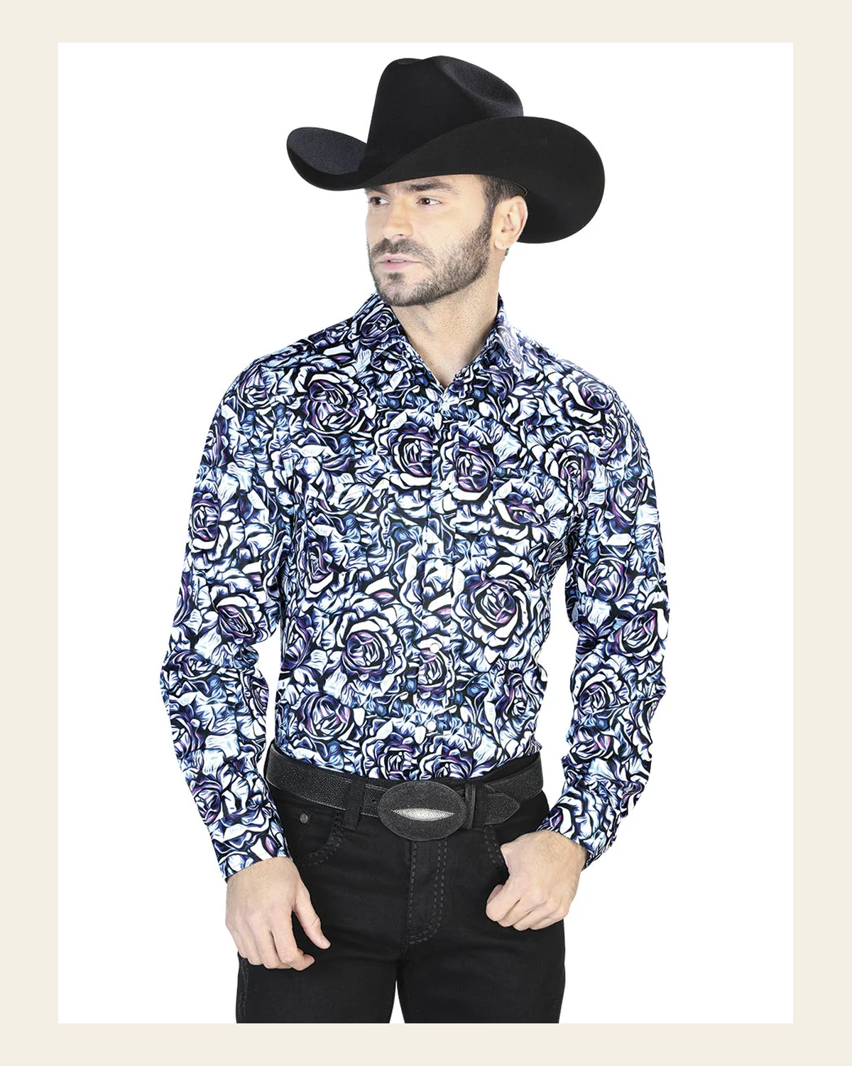 Blue Rose Print Casual Long Sleeve Shirt 44069 on a warm cream background