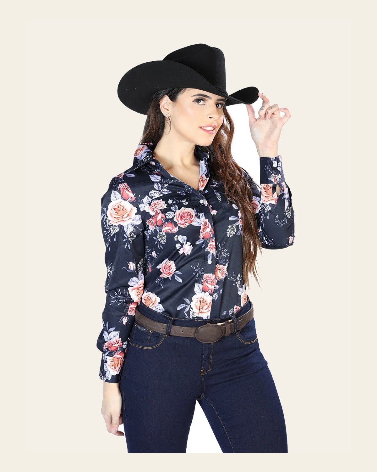 Blue Rose Print Long Sleeve Shirt 44090 on a warm cream background