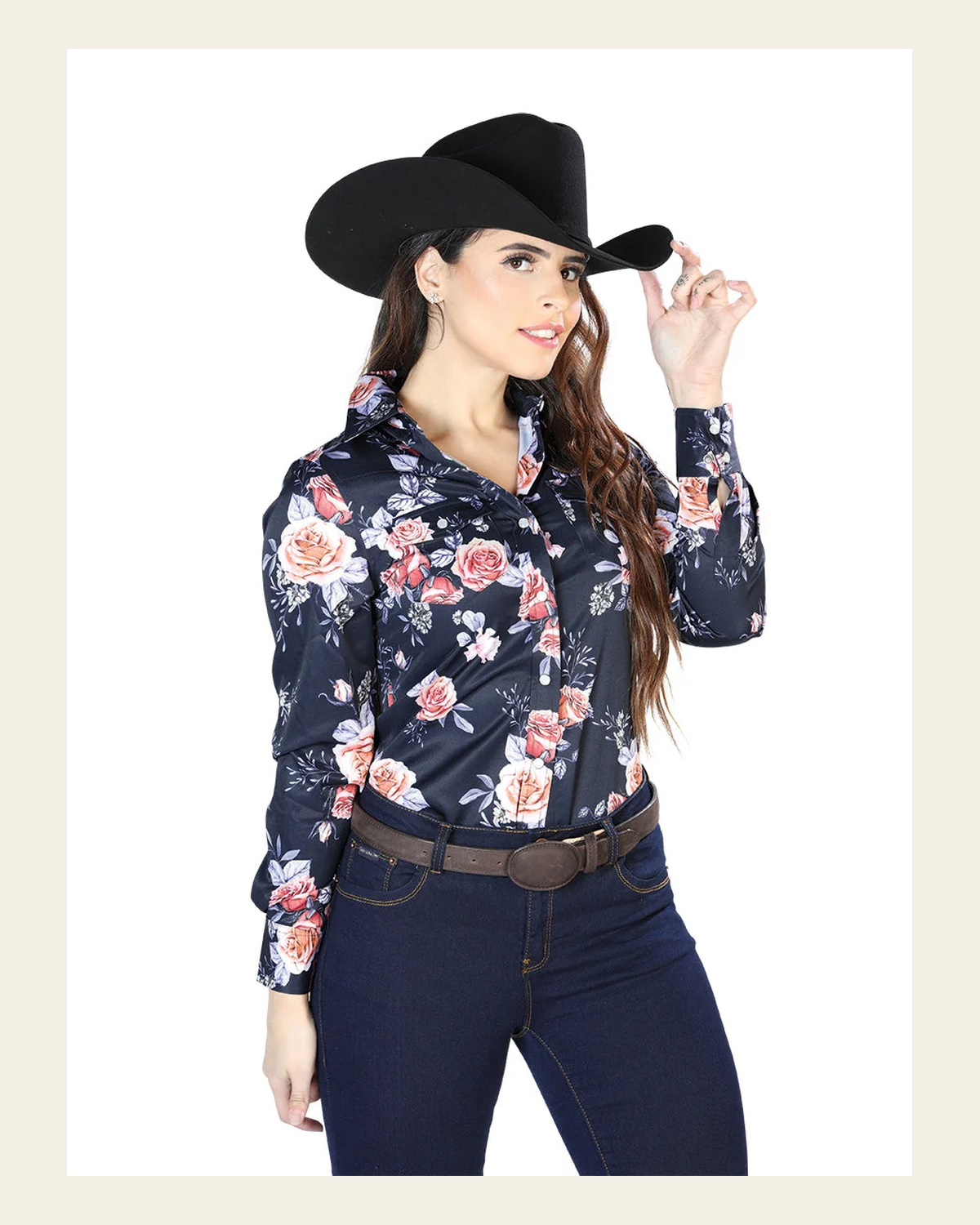 Blue Rose Print Long Sleeve Shirt 44090 on a warm cream background