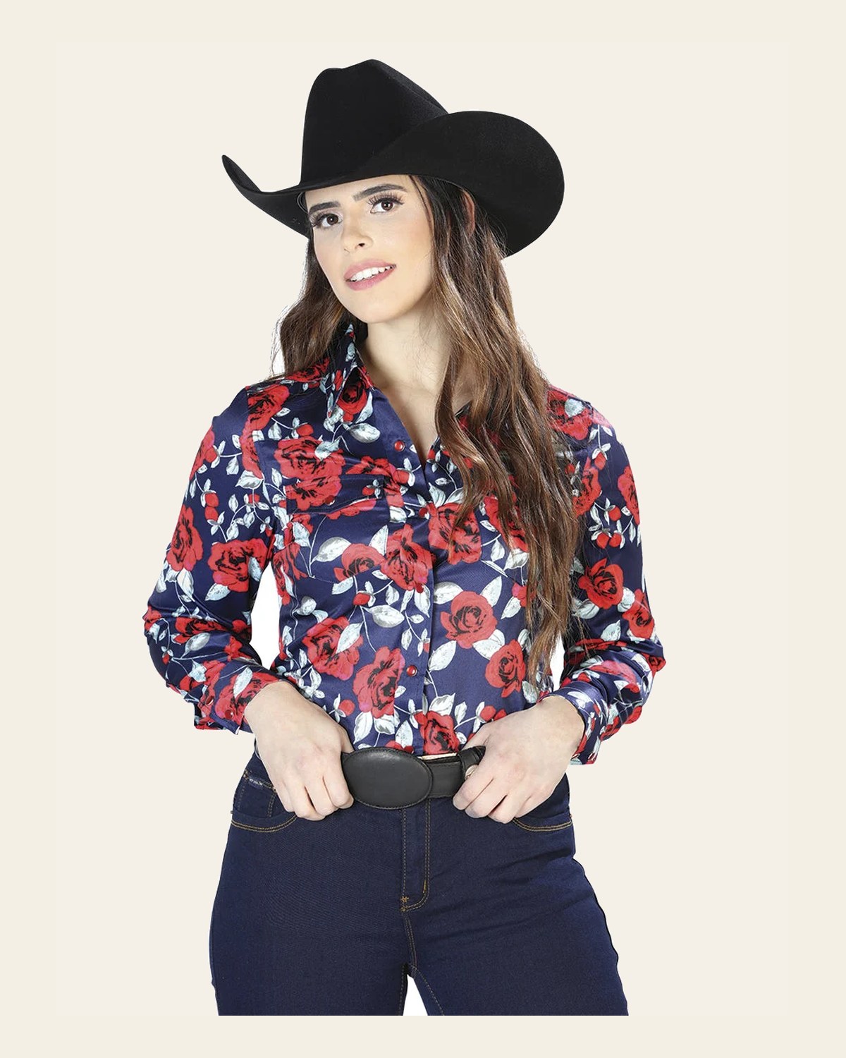 Blue Rose Print Long Sleeve Shirt 44112 on a warm cream background